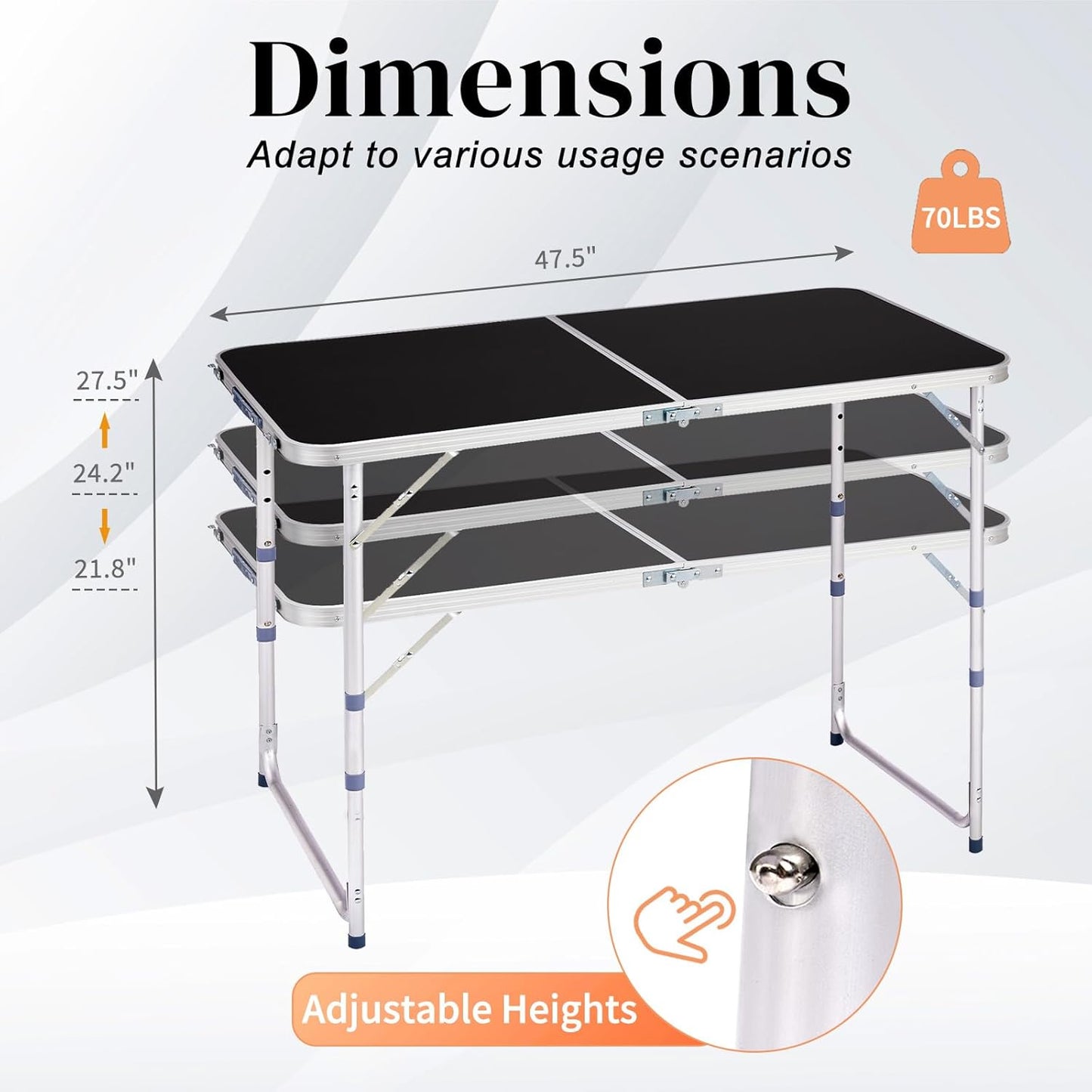Outvita 4ft Portable Folding Camping Table, Outdoor Waterproof Adjustable Height Table, Aluminum Lightweight Suitcase Foldable Table for Picnic BBQ Beach Dining