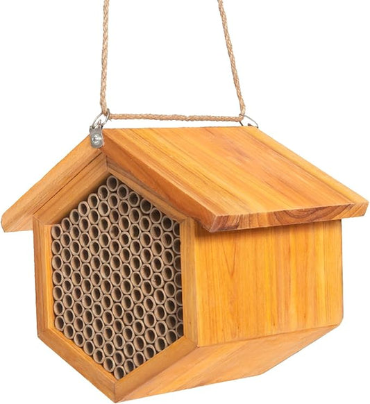 Mason Bee House Wax Coated Bee Hotel, Pollinator House Waterproof, Natural Handmade Wooden Mason Bee Hotel for Pollinating Bees Garden Supplies