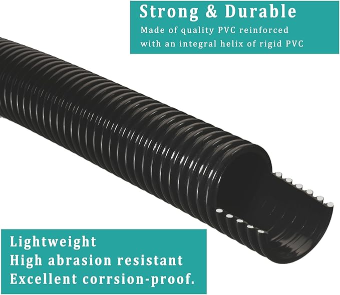 Pond Tubing ID 2” × 20ft Black Corrugated Flexible Reinforced Waterfall Pond Tube Sump Pump Hose, Non-toxic & Kinkproof (20 ft, 2" ID)