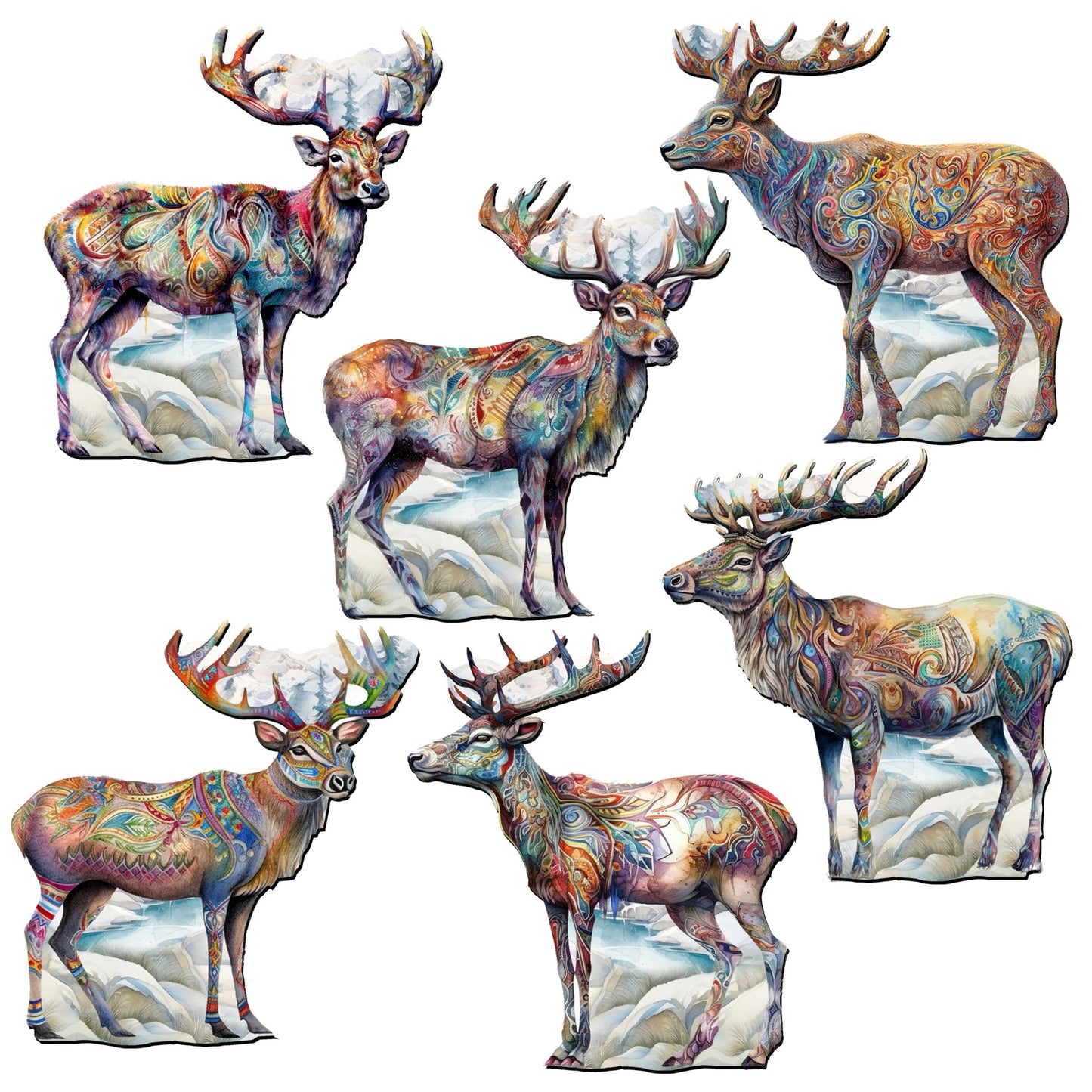 Iconic Caribou of Alaska Decorative Eco Wood Magnets Set of 6 by G. Debrekht - Wildlife Decor - 8090111G-S6