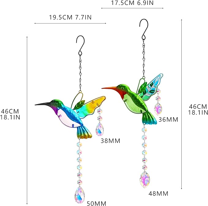 YU FENG 2PCS Hummingbird Suncatchers,Stained Glass Window Hanging Ornament,Rainbow Maker Crystal Prism Suncatcher Outdoor Indoor Home Garden Party Decoration