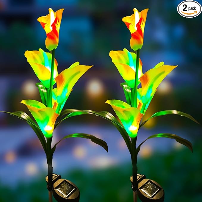 Veesee Solar Garden Lights - Outdoor Stake Lights with Calla Lily Design, Decorative for Lawn, Yard, Patio & Landscape (White, 2Pack)