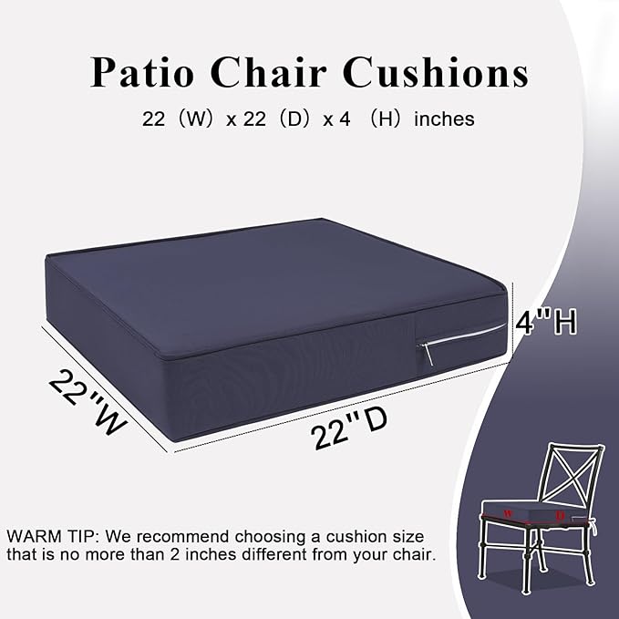 Outdoor Chair Cushions Set of 2 for Patio Furniture 22x22x4 Inch Waterproof Patio Chair Cushion 3 Year Color Fastness Square Elastic Foam Garden Sofa Couch Pads with Ties and Handle,Grey