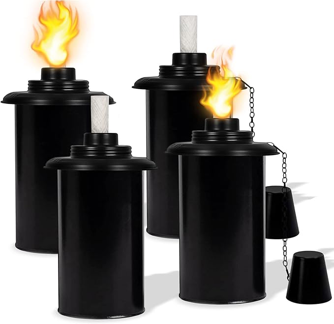 12oz Torch Replacement Canisters - 4 Pack Bamboo Torch Fuel Canister Torches Cans With Wicks and Covers, Refillable Metal Tabletop Lantern For Garden, Patio, Luau Party