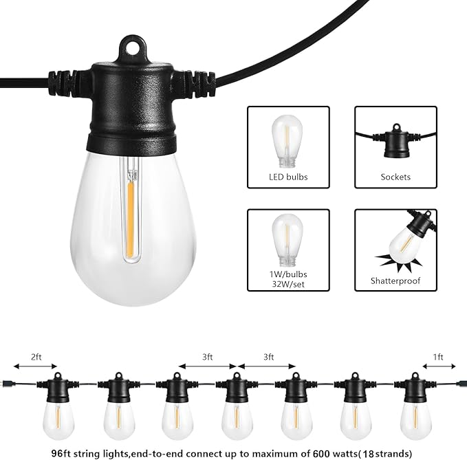 SUNTHIN Outdoor String Lights, 2 Pack 96FT Patio Lights with LED Shatterproof Bulbs, Hanging for Outside, Garden, Backyard, Deck, Porch, Fence, Bistro, Pool, Party