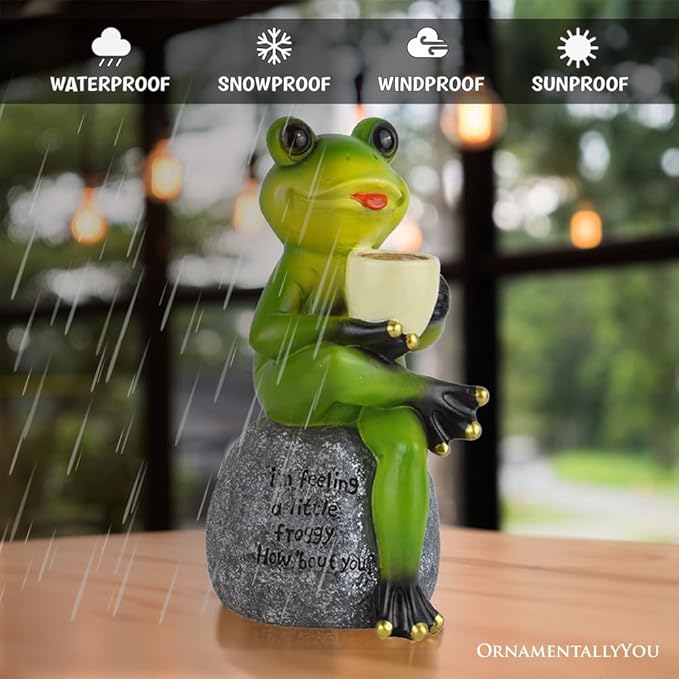 Spring & Summer-Themed Garden Statues – Adorable Outdoor Decor for Lawn, Patio & Porch (Coffee Drinking Frog Garden Statue with Funny Quote)