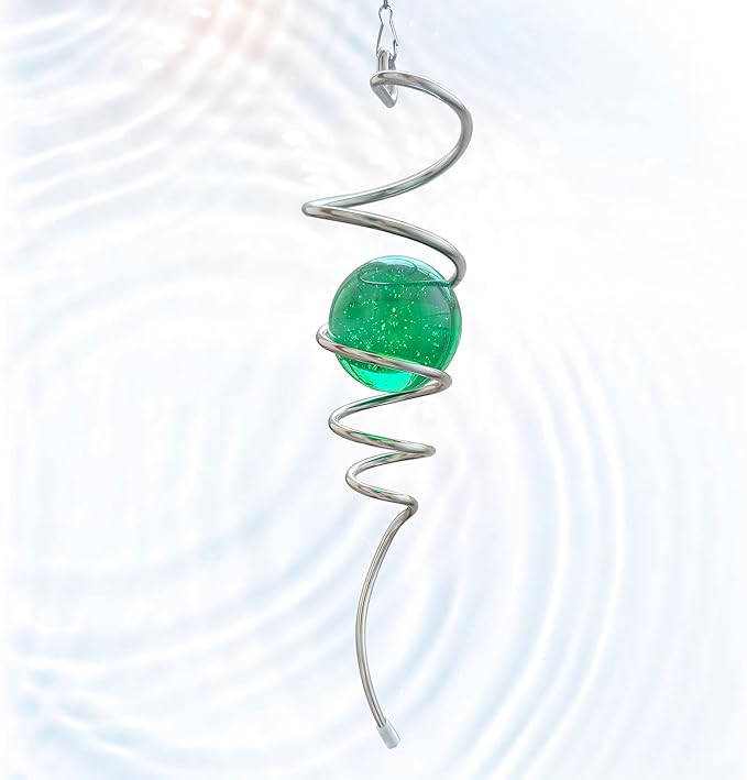 Gazing Ball Spiral Tail with Green Glass Orb, Spiral Tail for Wind Spinner, 3D Wind Spinners Stabilizer, Rotating Art Decor-Visual Illusion in Spinning, Indoor Outdoor Garden Decoration 13"