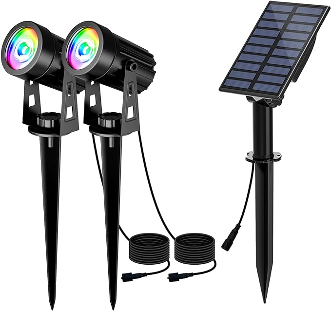 T-SUN Color Changing Solar Lights for Outside, Solar Spot Lights Outdoor Waterproof, Dual Head Solar Landscape Spotlights for Garden, Pond, Yard, Trees, Pathway(RGB)