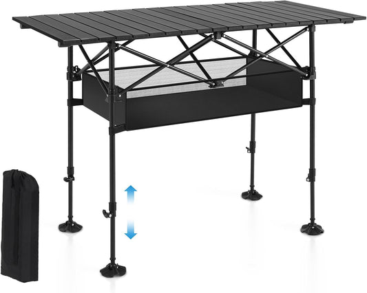 ALPHA CAMP Folding Camping Table, Portable Roll-up Table with Adjustable Height, Large Storage Bag and Carrying Bag, Tall Aluminum Table for Indoor & Outdoor Picnic BBQ Backyards Beach