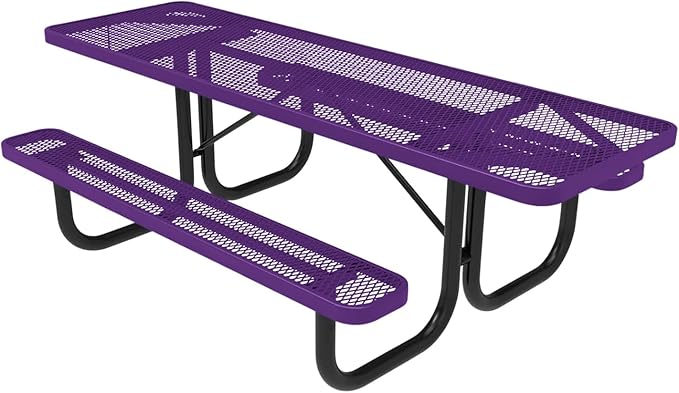 Coated Outdoor Furniture Heavy-Duty Portable ADA-Compliant Outdoor Picnic Table, Expanded Metal Patio Dining Furniture Made in America (8ft Rectangular, Both-Side Handicap, Textured Purple)