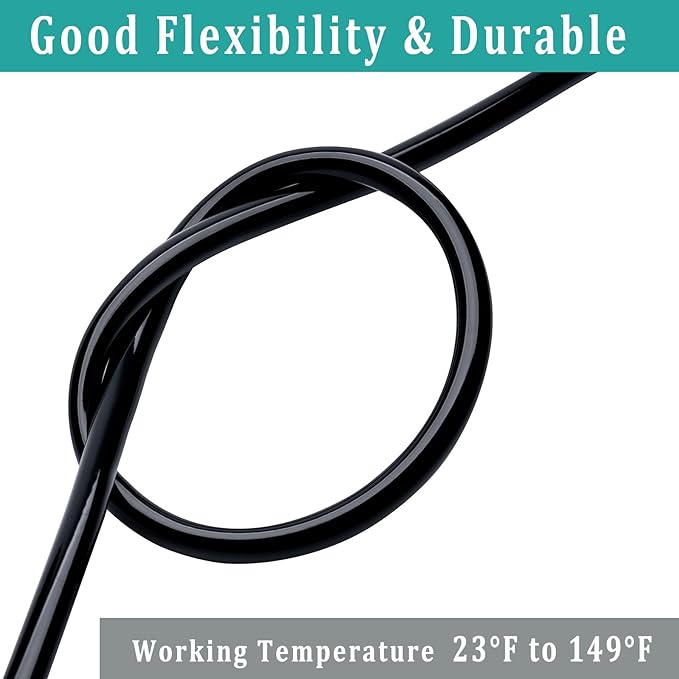 1/4" id - 100ft Black Vinyl Tubing Flexible PVC Tube Hybrid Hose Transfer Water Fuel Gas for Pond Fountain Garden Waterfall, Durable and Safe, with 2 Hose Clamps