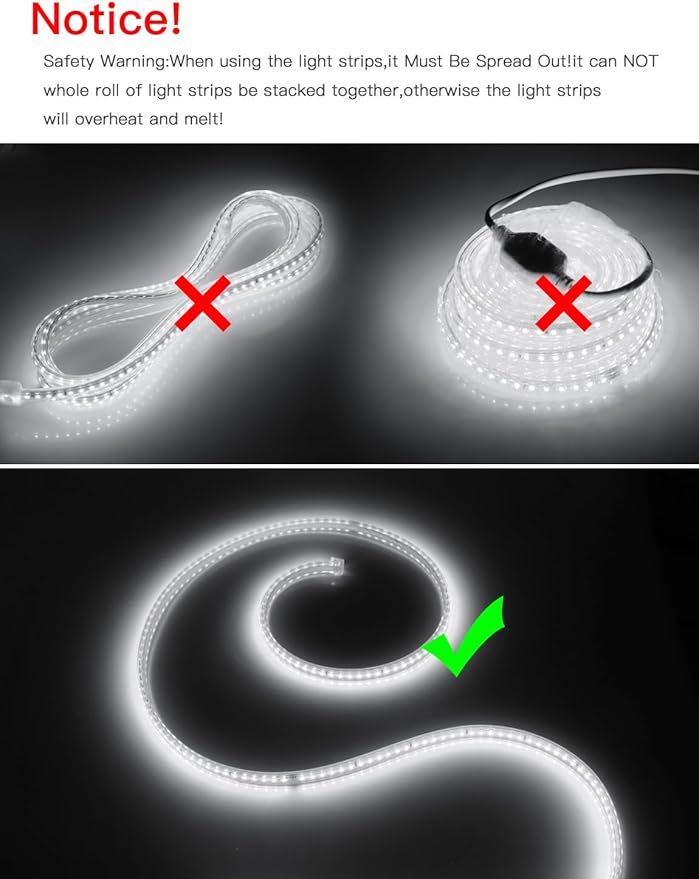 AIMENGTE Outdoor LED Strip Lights Waterproof, AC 110V, 1200LEDs, 6500k LED Rope Bright Lights for Garden, Patio, Indoor Under Cabinet Home Christmas Decoration(32.8ft, Cool White)