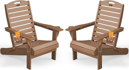 Adirondack Chairs Set of 2, Outdoor Fire Pit Chairs, HDPE All-Weather Adirondack Chairs with Cup Holder, Lawn Chair for Deck, Patio, Garden (Teak)