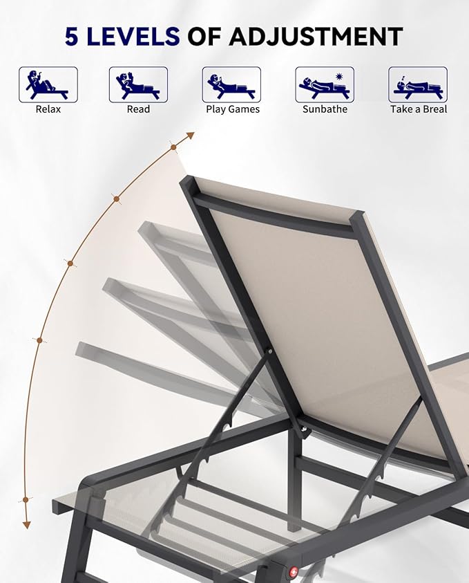 Aluminum Chaise Lounge Chair Outdoor, Foldable Patio Lounge Chair 2 Sets Assemble-Free, Pool Lounge Chairs with 5 Adjustable Backrest, Outdoor Lounge Chairs for Outside Poolside Beach Lawn Brown
