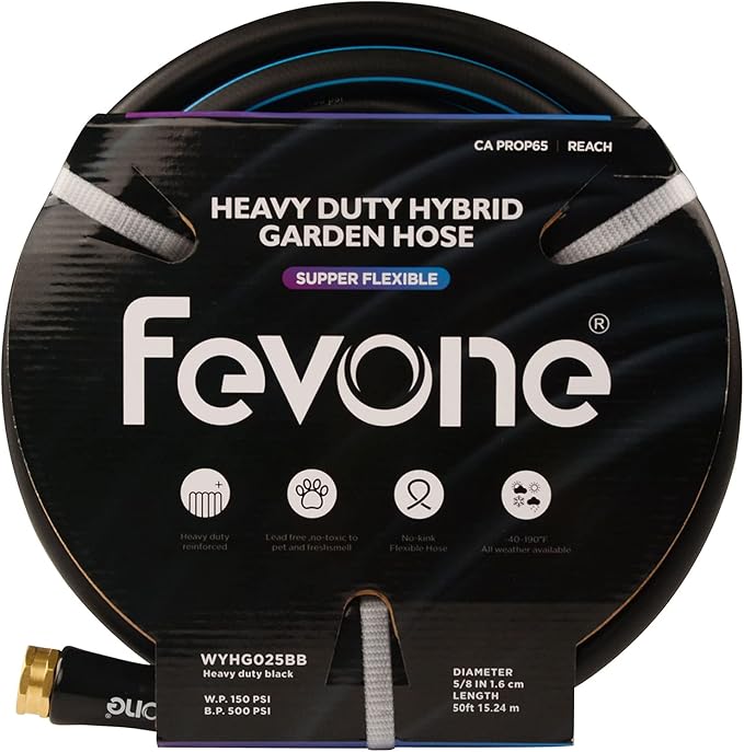 Fevone 50 ft Garden Hose, Heavy Duty Water Hose, Hybrid Polymer, Kink Resistance, Flexible, Durable, Solid Brass Fittings, 3/4" GHT, 5/8" ID, 600 PSI,