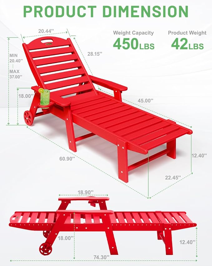 Chaise Lounge Chair Outdoor with Wheels, 6-Position Adjustable HDPE Chaise Lounge Chair with Cup Holder, Outdoor Chair for Pool Poolside Deck Backyard Patio, Red