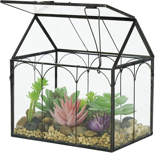 Ferrisland Glass Terrarium Plants with Lid, Black Geometric Terrarium Jar for Succulent Air Carnivorous Plant Moss Snail, House Shape Mini Tabletop Greenhouse Indoor Decor DIY Present (Only Terrarium)