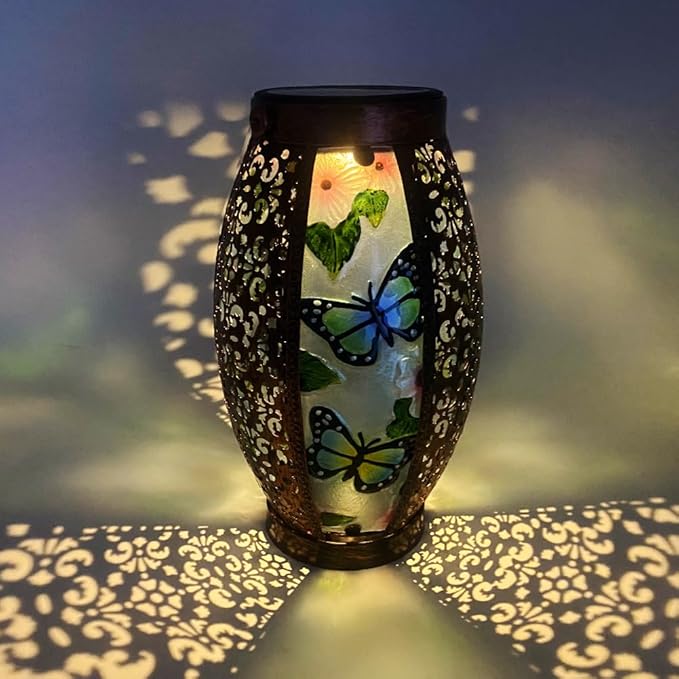 2PCS Butterfly Solar Lanterns Glass & Metal Hanging Light Outdoor Waterproof 16" H Tabletop Lamp with Hollowed-Out Design with Shepherd's Hooks for Garden Patio Table Decor