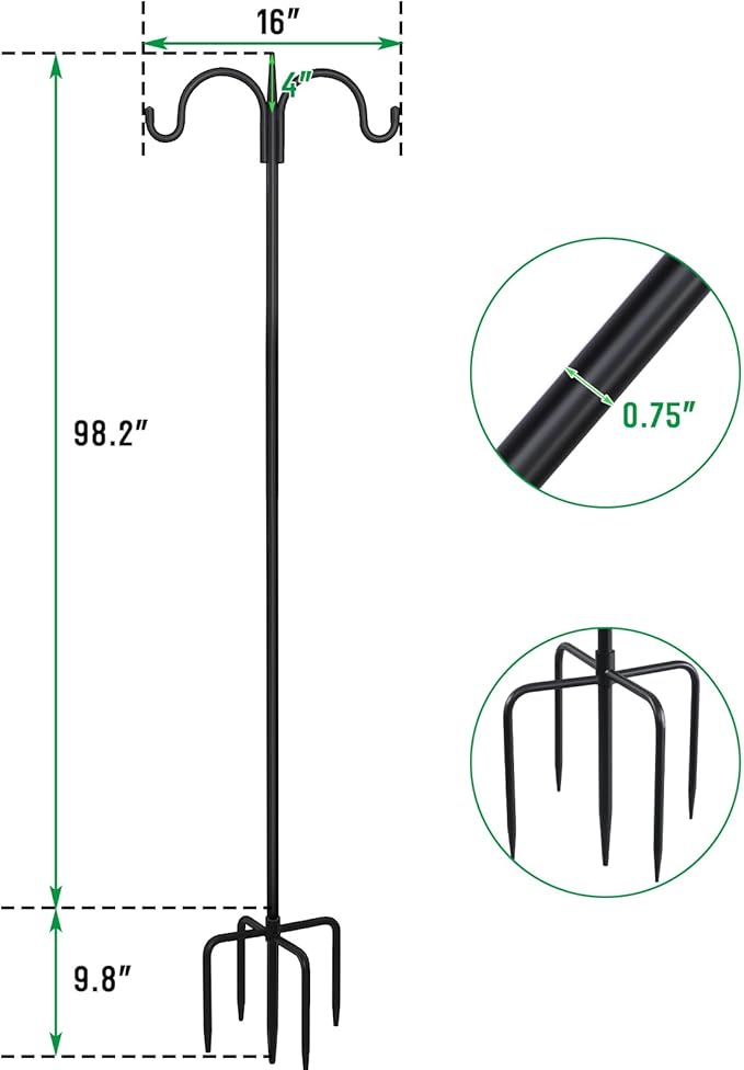 FEED GARDEN Adjustable Double Shepherds Hook for Outdoor with 5 Prong Base 108 Inch Heavy Duty Two Sided Bird Feeder Pole for Hanging Plant Baskets, Solar Light Lanterns, Wind Chimes