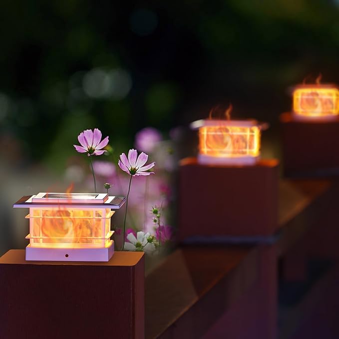 Dynaming 6 Pack Solar Flame Post Lights Outdoor, Solar Powered Fence Post White Shell Cap Light, High Brightness Flickering Flame LED LiVinyl/Wooden Postseck Patio, Fit 4x4 5x5 6x6 Vinyl/Wooden Posts