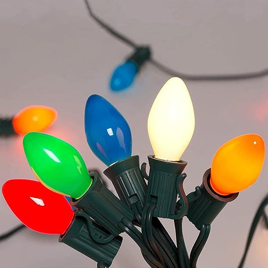 Abeja C7 LED Multicolor 25Ft Outdoor Ceramic String Lights with 27 Multicolor LED Bulbs, Vintage Christmas Lights for Indoor/Outdoor Party, Yard, Garden, Patio, Home, Easter Decor