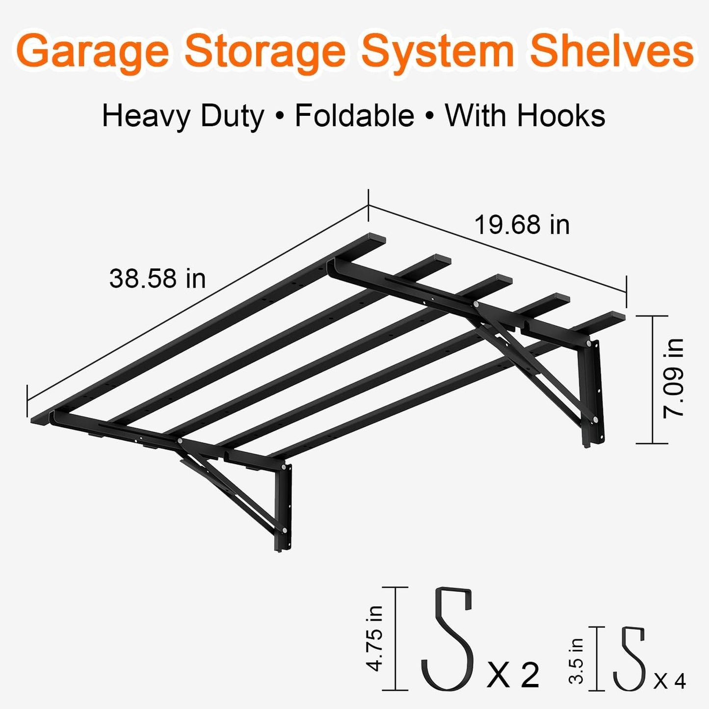 4-Pack Garage Storage System Shelves 3.21x1.64 ft - Compact Folding Wall Shelves for Garage, Sturdy Metal Wall Shelving with Hooks, Versatile Metal Hanging Shelf Design, Sleek Floating Black Shelf