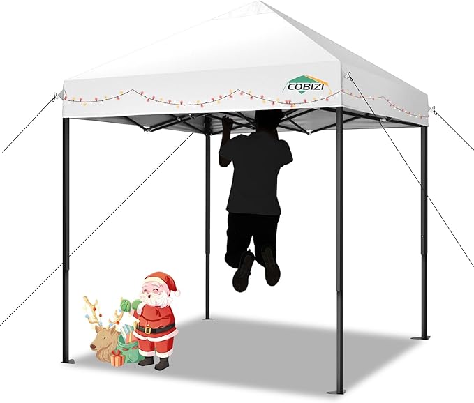 COBIZI 6.6x6.6ft Pop Up Canopy Tent, Heavy Duty Canopy Easy Set up All Weather Waterproof Outdoor Canopy Tent for Parties, Beach, Garden, Camping with 1 Handbag, 3 Adjustable Heights, UPF50+, White