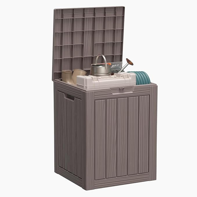 28 Gallon Resin Deck Box, Lockable Patio Outdoor Storage Box for Furniture, Garden Tools and Tools Storage, Waterproof Outside Storage Boxes - Grey