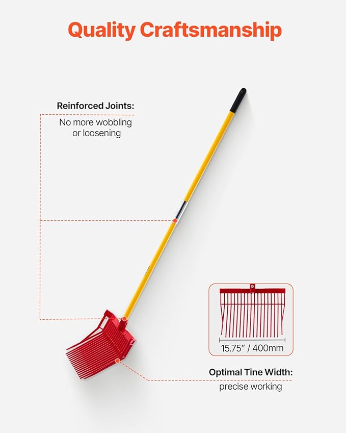 VEVOR Manure Fork, 18 Angled Tines, Horse Manure Rake with Long Fiberglass Handle, 61 in Durable Plastic Pitchfork Muck Rake Tool for Gardening Horse Stall Stable Grass Hay Cleaning Farm Work