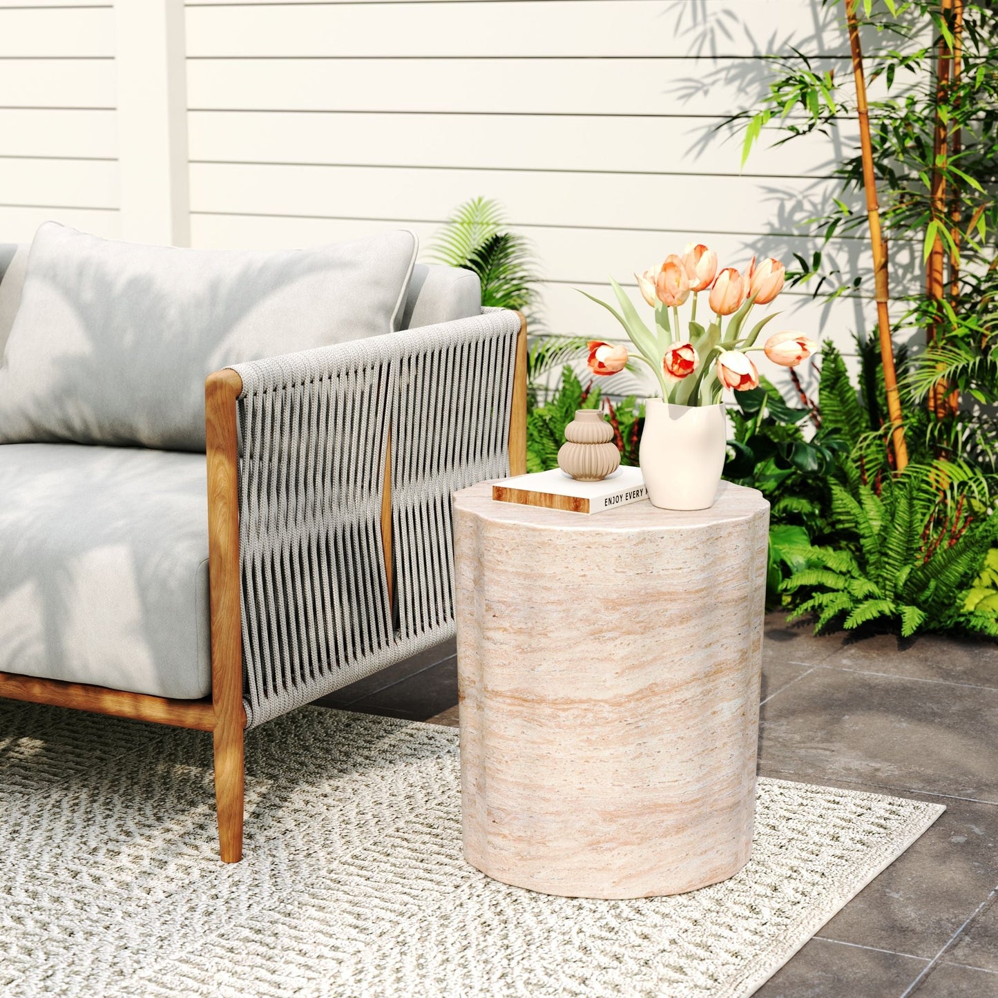Elegant Indoor/Outdoor Lightweight Concrete Side Table With Travertine - Beige