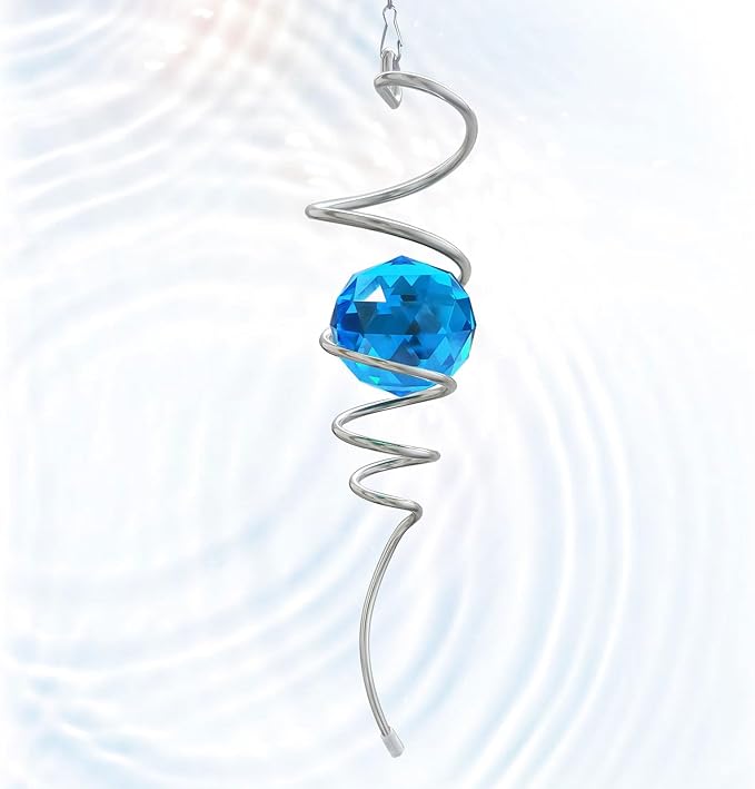 Gazing Ball Spiral Tail, Wind Spinner Spiral Peacock Blue Crystal Orb with Swivel Hook, Sun Catcher Rainbow Maker Hanging Decor for Yard Garden Rotating Art Ornaments Great Gifts 13" Height