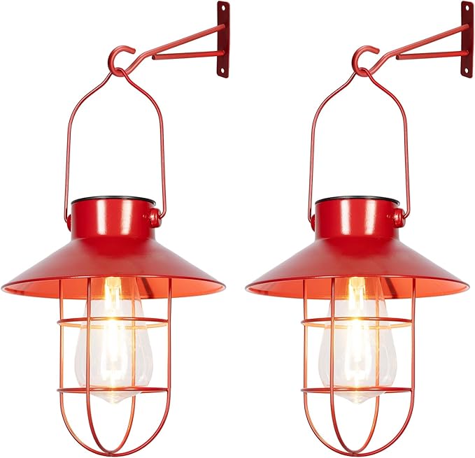 pearlstar Solar Lanterns Outdoor Christmas Metal Solar Powered Hanging Lights Waterproof for Wall Barn Yard Garden Patio Garage Balcony Porch Fence Decor, Warm White Edison Bulb (Red-2pack)