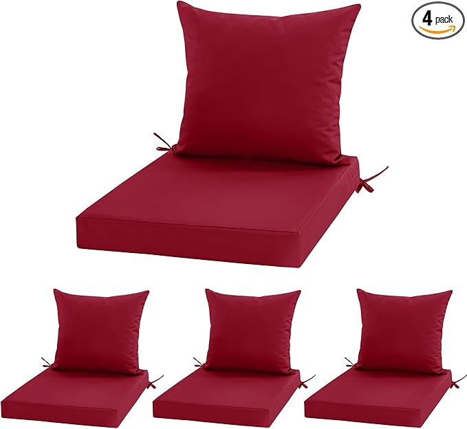 Outdoor Chair Cushions, Waterproof Outdoor Cushions for Patio Furniture w/Fade-Resistant, Removable & Machine-Washable Covers, 19x19 Inch, Ideal for Seat in Gardens/Porch – Set of 4, Burgundy