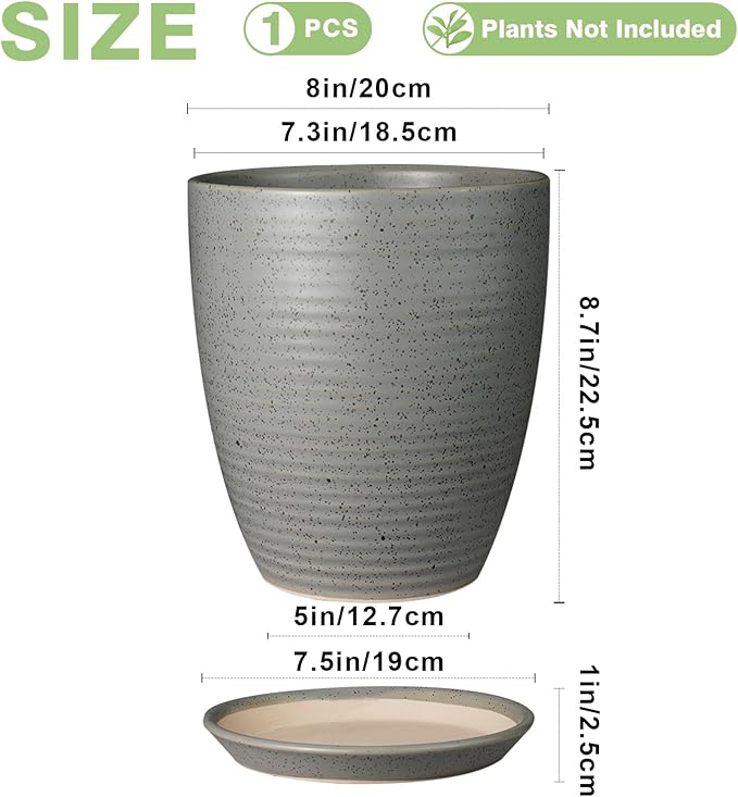 8 Inch Plant Pot Ceramic Planter Pot with Drainage Hole and Saucer Modern Round Flower Pot for Indoor Plants Light Gray