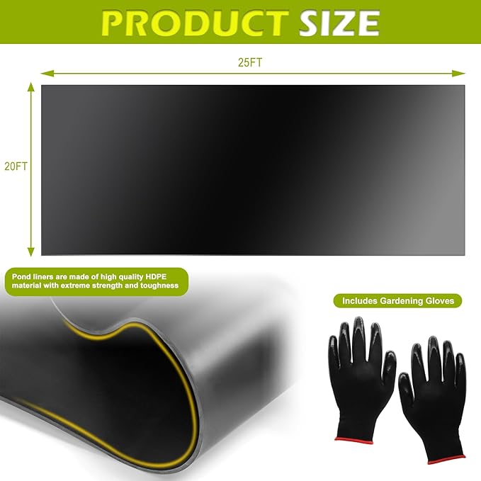 20 x 25 FT Pond Liner, HDPE Pond Liners for Outdoor Ponds 20 Mil Easy Cutting Puncture Resistant Impermeable Pond Liners Skins for Koi Fish, Water Garden Waterfall Fountain Aquaculture Pond