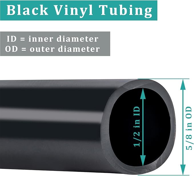 Black Vinyl Tubing 1/2” ID × 5/8” OD - 25 Feet PVC Flexible Plastic Tube Hybrid Hose, Transfer Water Air Oil for Pond Fountain Garden, Non-toxic and BPA free