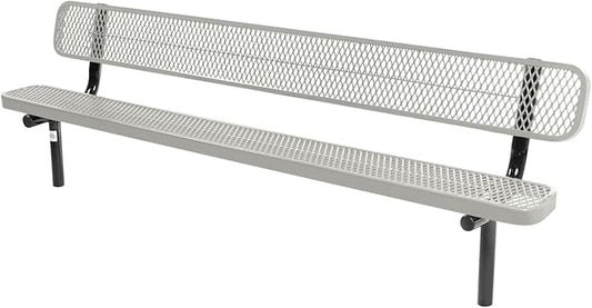 Coated Outdoor Furniture Heavy-Duty Outdoor Bench Thermoplastic Coated, Expanded Metal, Commercial-Grade Seating, Made in America (Inground with Back, 8 Ft, Textured Grey)