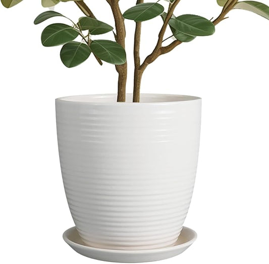 10 Inch Ceramic Planter Pot Large Plant Pot with Drainage Hole and Saucer Modern Round Flower Pot for Indoor Outdoor Plants Garden Pot White