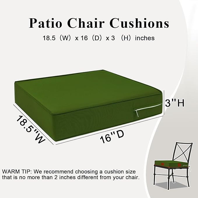 Outdoor Chair Cushions Set of 2 for Patio Furniture 18.5x16x3 Inch Waterproof Patio Chair Cushion 3 Year Color Fastness Rectangle Elastic Foam Garden Couch Pads with Ties and Handle,Green