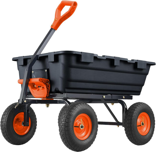 Garvee 800 lbs Poly Garden Dump Cart, Heavy-Duty Wheelbarrow with 10-Inch Tires, 180° Rotating Handle, Steel Frame and Quick Release System Garden Dump Cart for Soil Plants Gardening Tools Wood