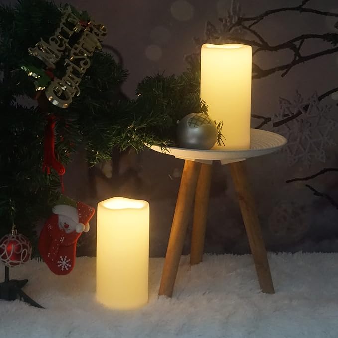 CANDLE CHOICE Waterproof Outdoor Battery Operated Flameless Candles with Timer Large Plastic Resin Bright Flickering Electric LED Pillars Lantern Garden Wedding Christmas Decorations 4”(D)x8”(H) 2 PCS