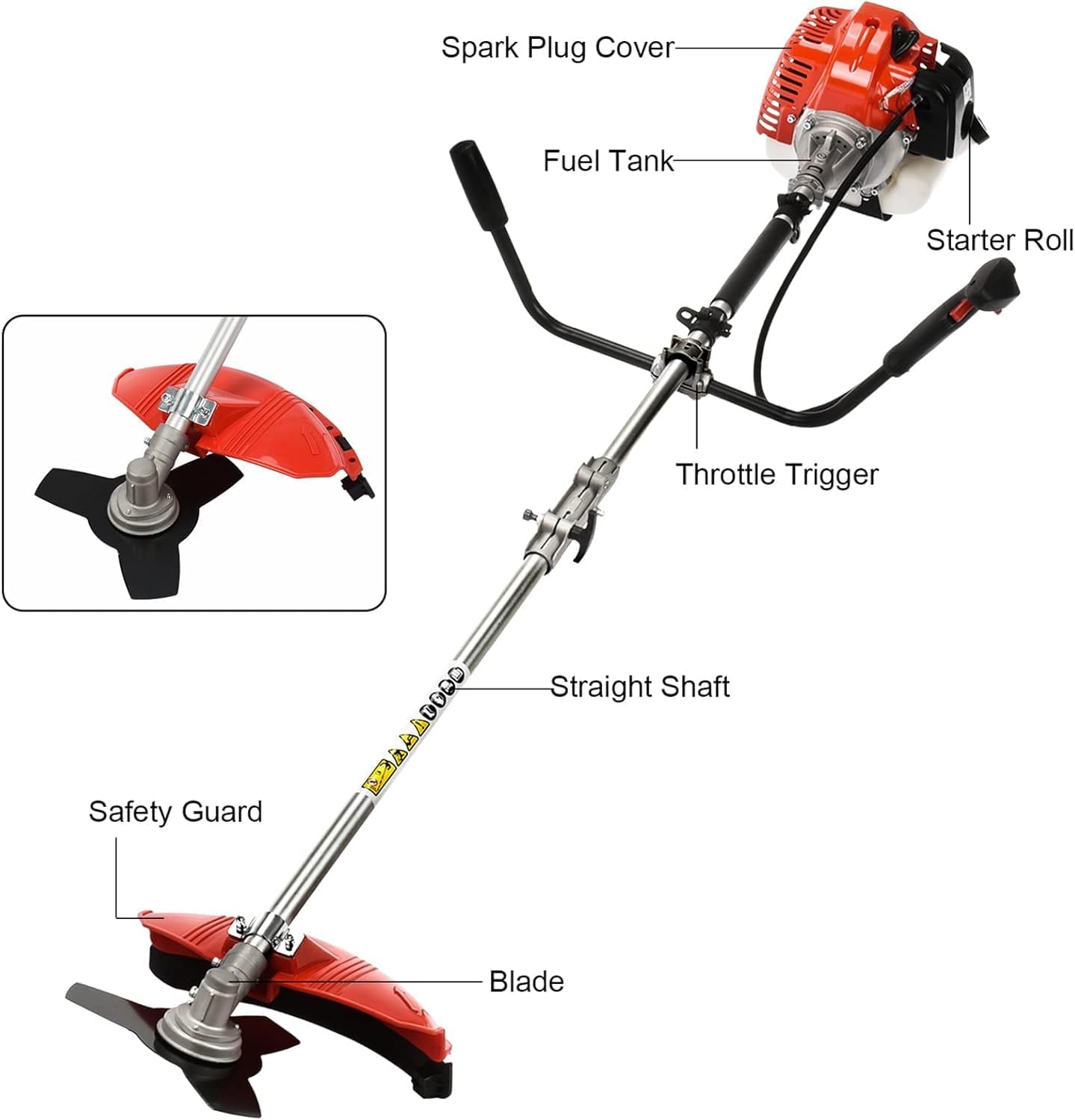 52CC Gas Power String Trimmer Cordless, 2 in 1 Multifunction Petrol Hedge Trimmer, Gas Lawn Mower Brush Cutter, 2-Stroke Weed Wacker, for Lawn, Garden, etc (2 in 1 red)