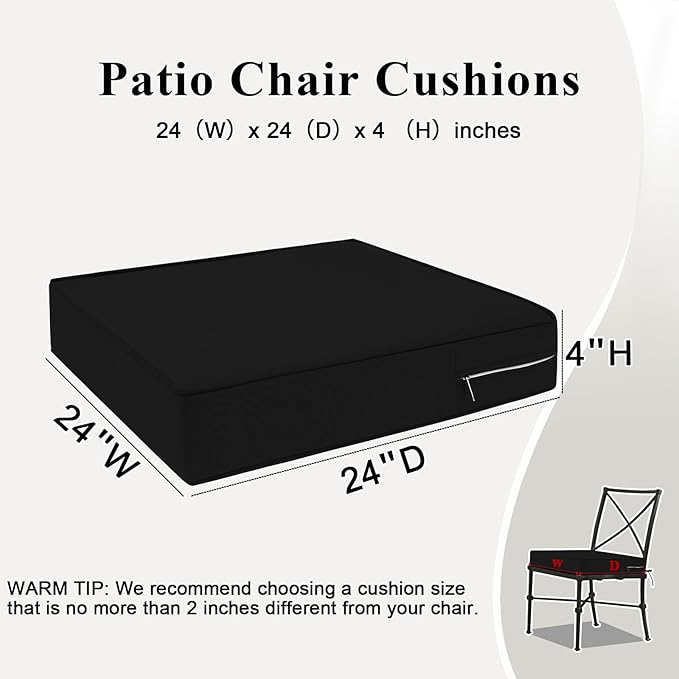 Outdoor Chair Cushions Set of 2 for Patio Furniture 24x24x4 Inch Waterproof Patio Chair Cushion 3 Year Color Fastness Square Elastic Foam Garden Couch Pads with Ties and Handle,Black