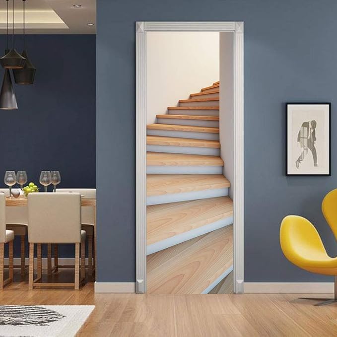 3D Door Stickers Murals - Stairs - Peel and Stick - Waterproof & Washable - Matt Finish - Modern Style - White - 33.9" x 78.7" (2 Parts) - Adults