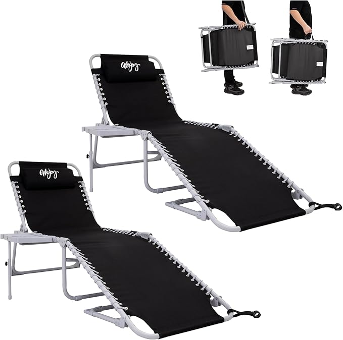 #WEJOY 2 Pack Outdoor Chaise Lounge Chair - Portable Folding Patio Pool Lounge Chair, 5 Positions Adjustable Reclining Camping Chair with Side Table,Shoulder Strap, Pillow for Beach Sunbathing Lawn