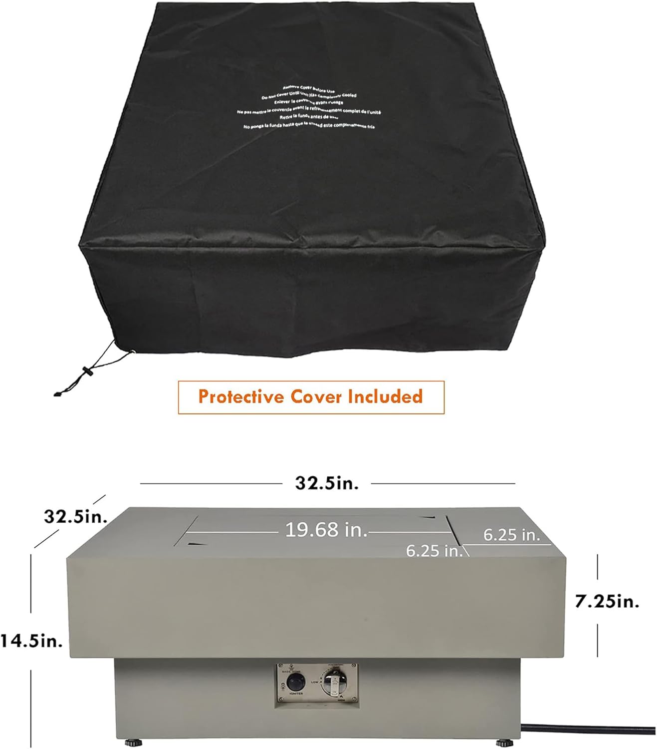 32.5-inch Outdoor Gas Fire Pit with 20lb Propane Tank Cover Table, 50,000BTU Propane Gas Fire Pits for Outside Patio w/Square Burner Lid, Glass Rocks, Pre-Attached 10ft External Gas Hose