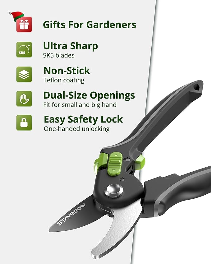 Pruning Shears for Gardening 2 Pack, 8.5" Bypass Garden Clippers and 6.5" Curved Gardening Shears, Pruners with Super Sharp Stainless Steel Blades, Safety Lock, Gardening Gifts for Men Women