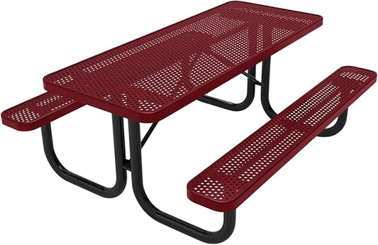 Coated Outdoor Furniture Heavy-Duty Portable Outdoor Picnic Table, Thermoplastic Coated Punched Steel Commercial-Grade Patio Dining Furniture Made in America (6ft Rectangular, Burgundy)