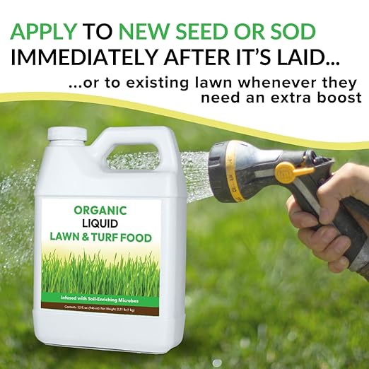 Organic Liquid Lawn & Turf Food - Quickly Rejuvenates Lawn Health and Restores Rich Green Colors to Depleted Grass | Infused with Soil Enriching Microbes (32oz - 2 Pack, Treats Up to 10,000 Sq. Feet)