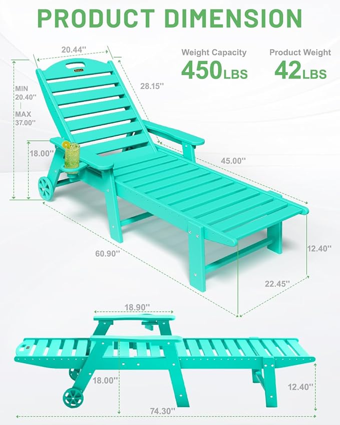 Lounge Chair Outdoor Set of 2, HDPE Chaise Lounge Chair Outdoor with 6-Position & Wheels &Cup Holder, Pool Lounge Chair for Pool Poolside Deck Backyard Patio, Lake Blue